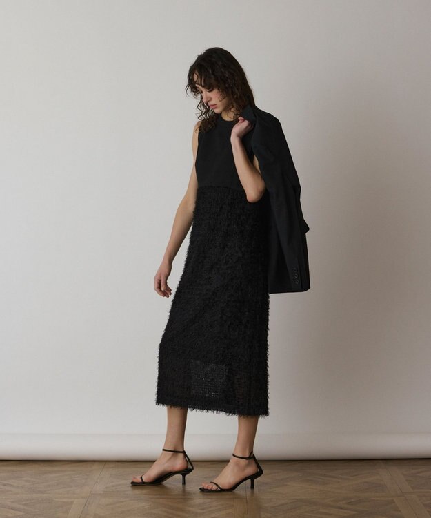 GRACE CONTINENTAL フェザー刺繍コンビワンピース ブラック