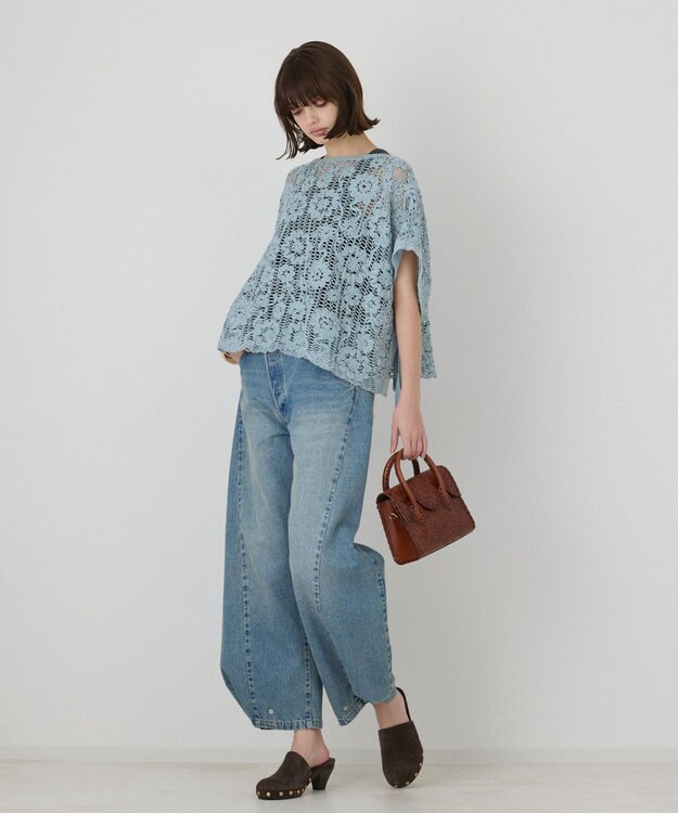 GRACE CONTINENTAL メッシュエンブロイダリーポンチョトップ サックス