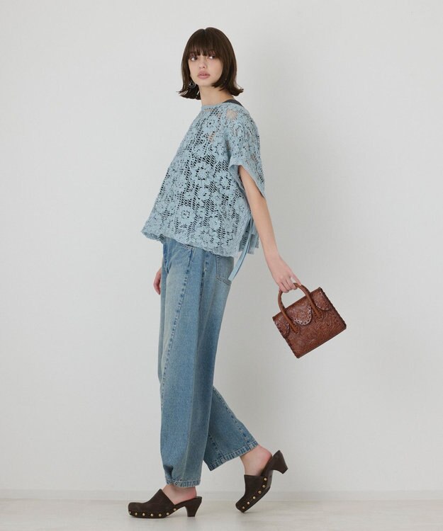 GRACE CONTINENTAL メッシュエンブロイダリーポンチョトップ サックス