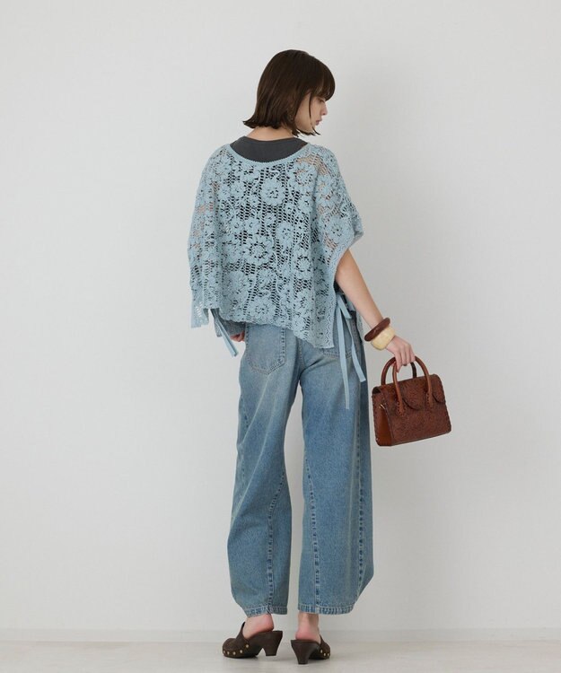 GRACE CONTINENTAL メッシュエンブロイダリーポンチョトップ サックス