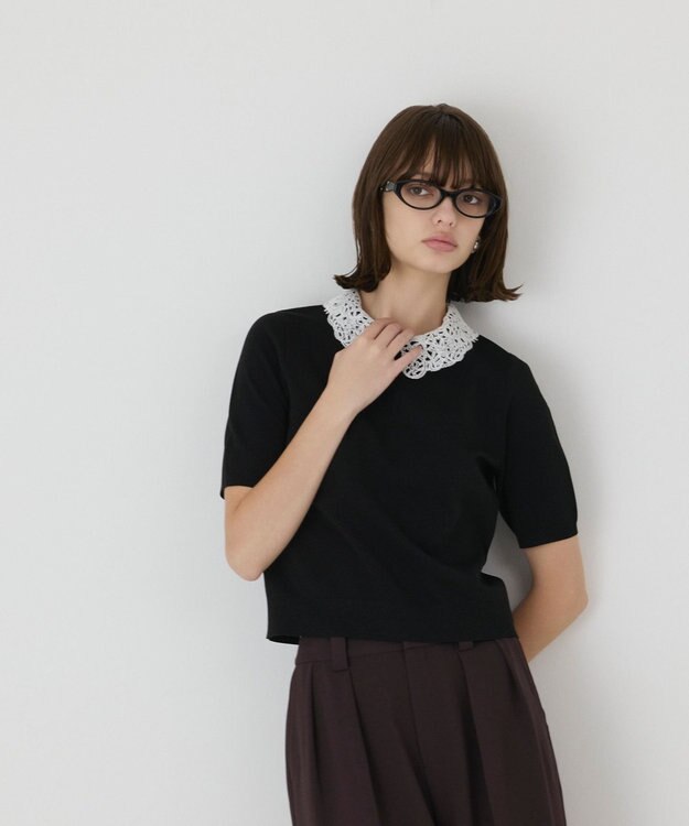 GRACE CONTINENTAL レースカラーラメニットトップ ブラック