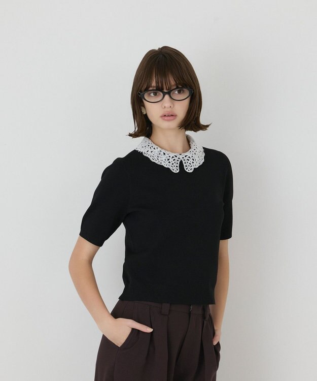 GRACE CONTINENTAL レースカラーラメニットトップ ブラック