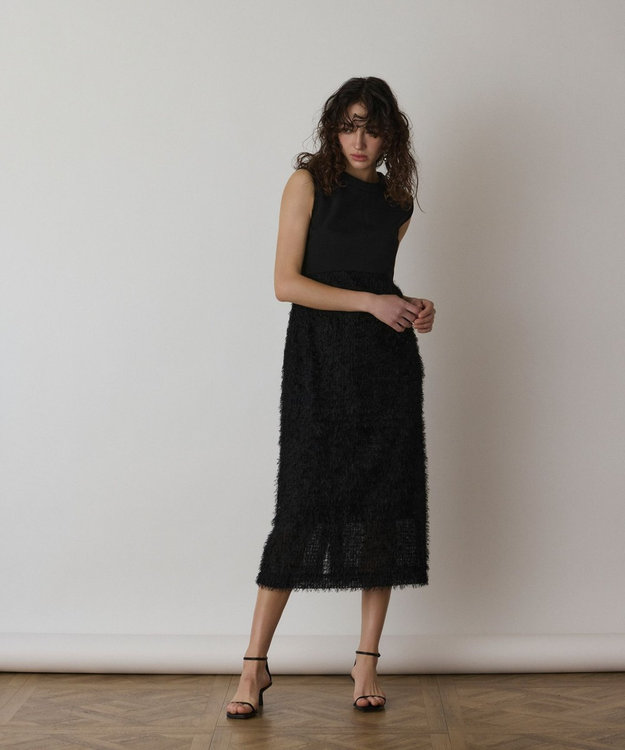 GRACE CONTINENTAL フェザー刺繍コンビワンピース ブラック