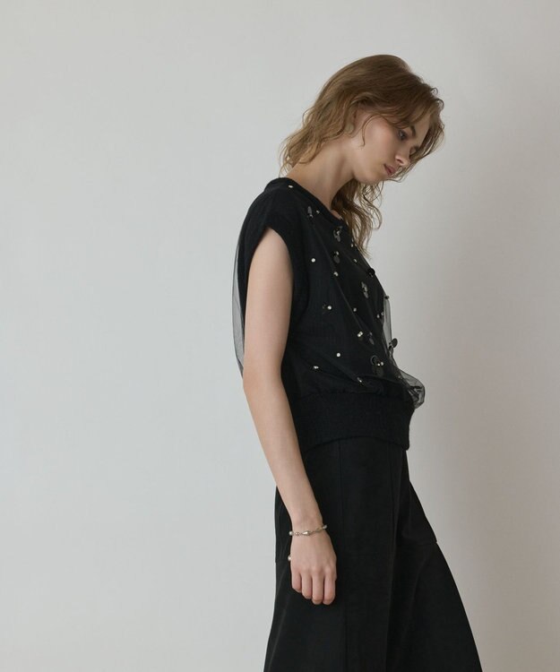 GRACE CONTINENTAL チュール刺繍ニットトップ ブラック