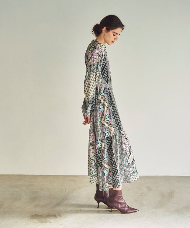 GRACE CONTINENTAL カフタンプリントロングワンピース ベージュ