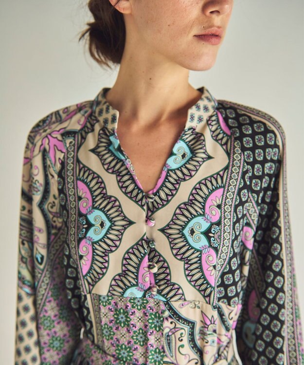 GRACE CONTINENTAL カフタンプリントロングワンピース ベージュ