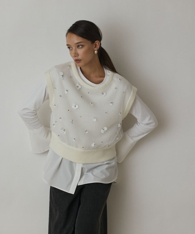 GRACE CONTINENTAL チュール刺繍ニットトップ ホワイト