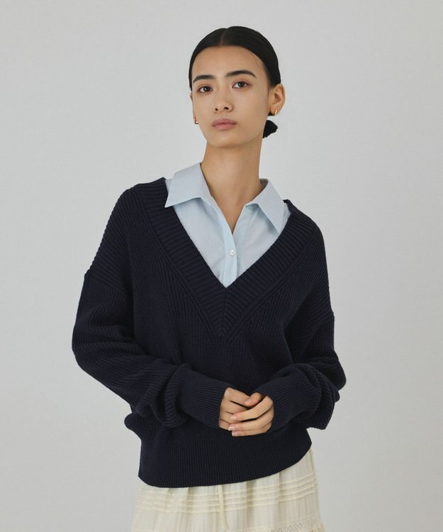 GRACE CONTINENTAL シャツカラーニットトップ ネイビー