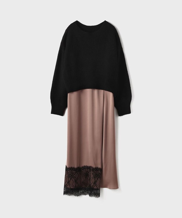 GRACE CONTINENTAL サテンレースニットワンピース ブラック