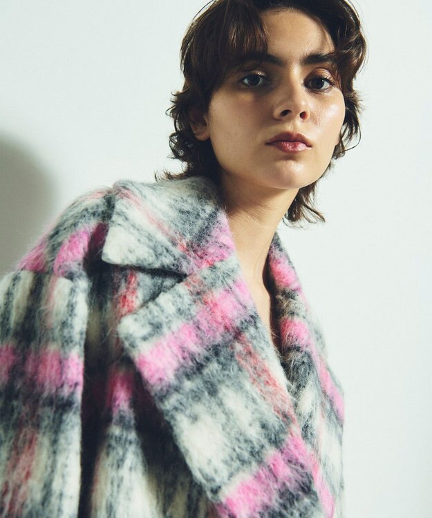 GRACE CONTINENTAL シャギーチェックピーコート ピンク