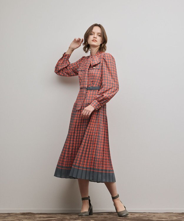 GRACE CONTINENTAL バイカラーチェックプリントワンピース レッド