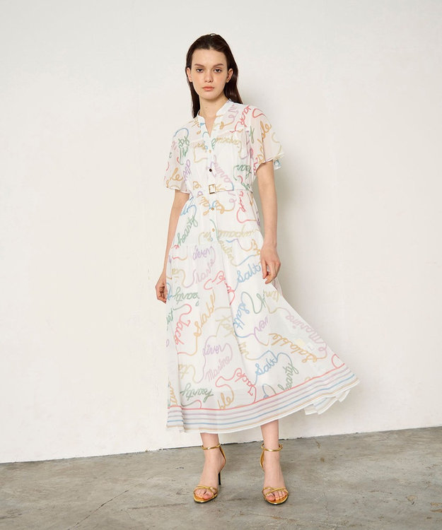 美品　グレースコンチネンタル　ロープロゴプリントワンピース　半袖　シフォンワンピ 美品 グレースコンチネンタル シフォンワンピ ロープロゴ