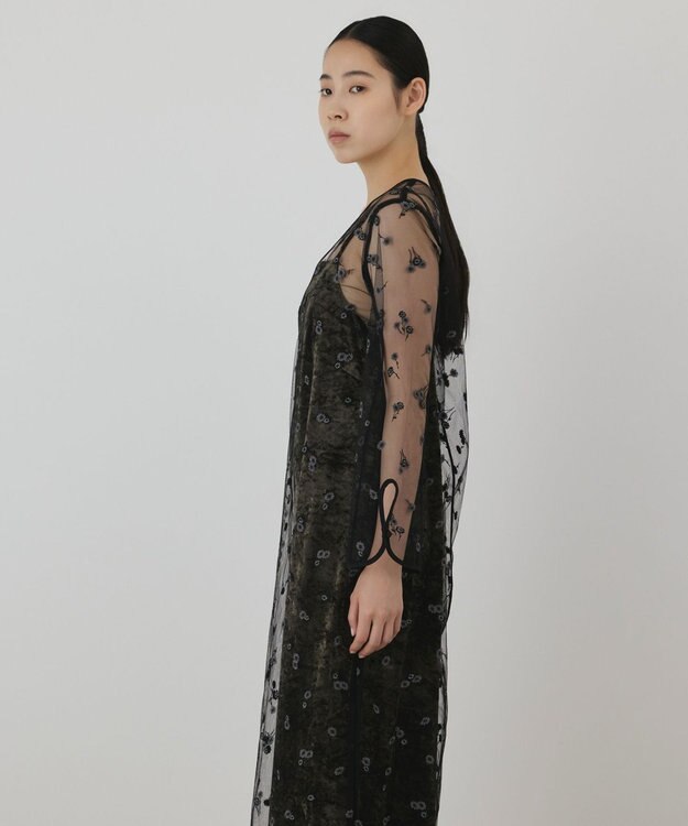 GRACE CONTINENTAL 刺繍レイヤードベロアワンピース カーキ