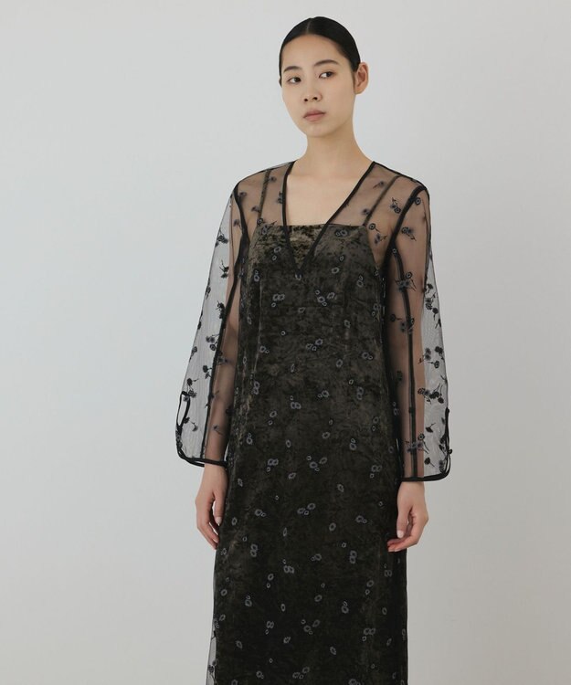 GRACE CONTINENTAL 刺繍レイヤードベロアワンピース カーキ