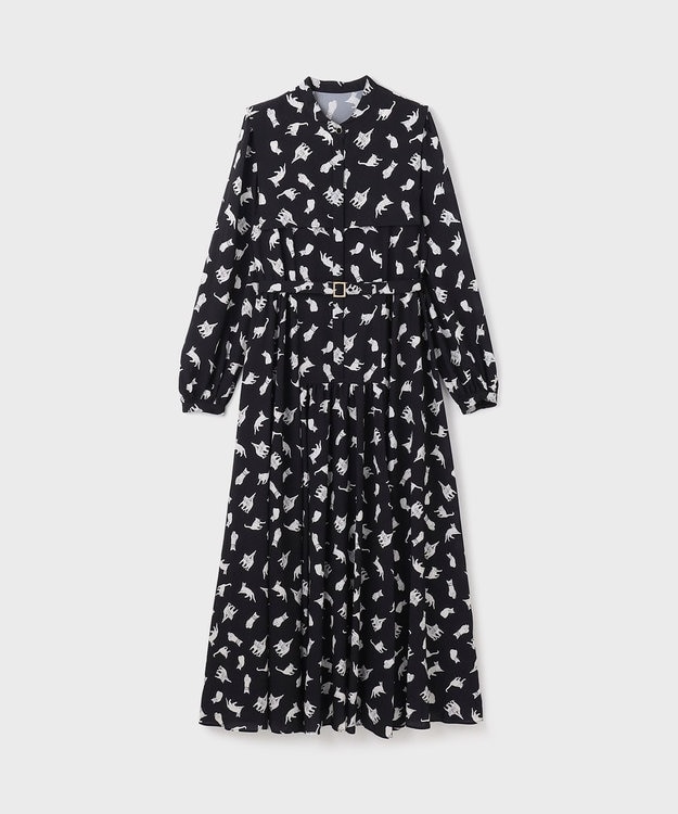 GRACE CONTINENTAL キャットプリントフライヨークワンピース ブラック