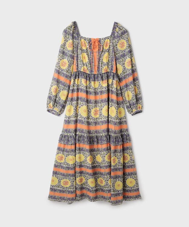 GRACE CONTINENTAL フラワープリントレースアップワンピース オレンジ