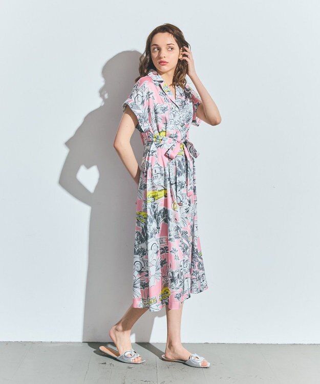 GRACE CONTINENTAL リゾートプリントツイルドレス ピンク