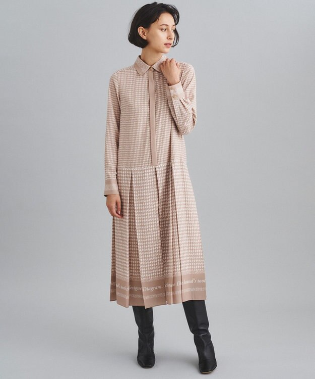 GRACE CONTINENTAL ハウンドトゥースプリントワンピース ベージュ