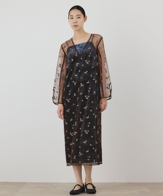 GRACE CONTINENTAL 刺繍レイヤードベロアワンピース ブルー
