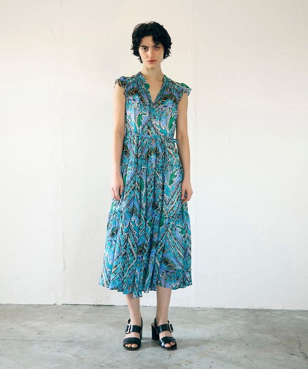 GRACE CONTINENTAL シフォンプリントティアードワンピース ブルー