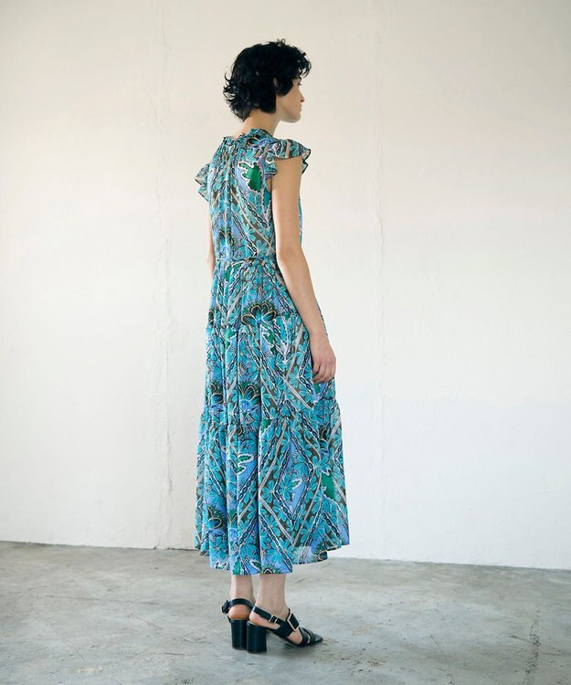 GRACE CONTINENTAL シフォンプリントティアードワンピース ブルー