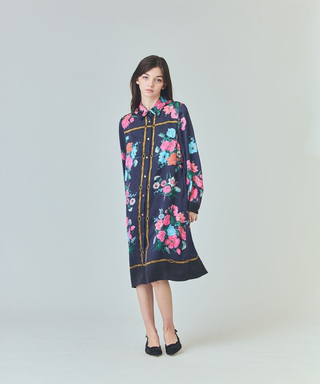 GRACE CONTINENTAL ボタニカルスカーフプリントワンピース ネイビー