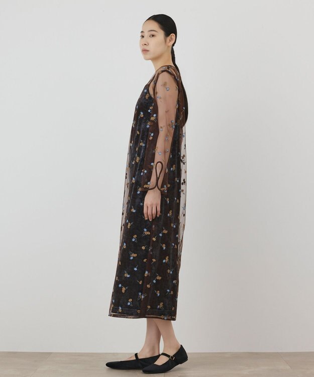GRACE CONTINENTAL 刺繍レイヤードベロアワンピース ブルー