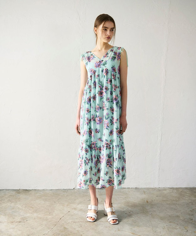 GRACE CONTINENTAL エスニックフラワー刺繍ワンピース ライトグリーン