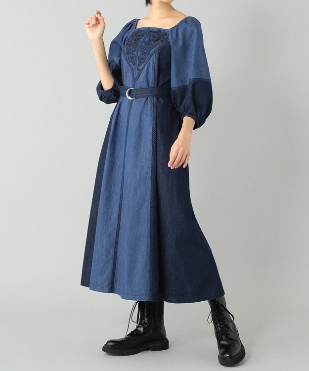 GRACE CONTINENTAL デニム刺繍フレアワンピース インディゴ