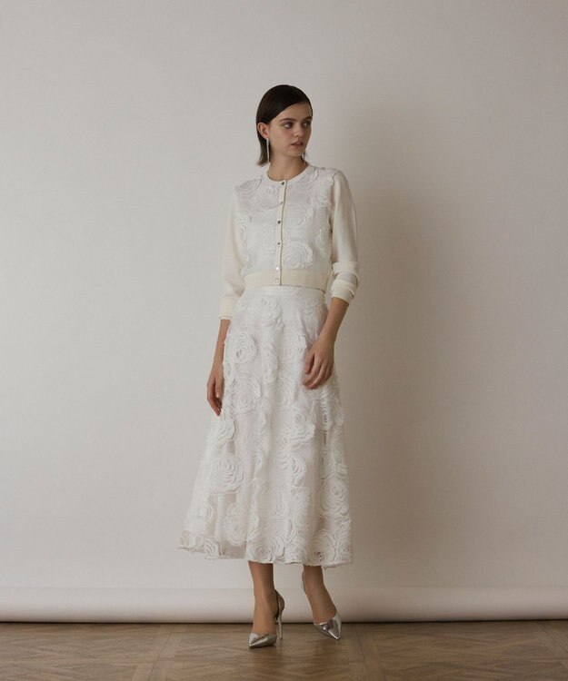 GRACE CONTINENTAL ローズ刺繍ニットカーディガン ホワイト