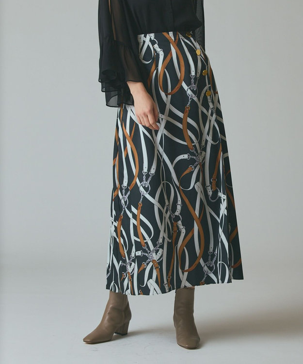 GRACE CONTINENTAL ベルトプリントアシメプリーツスカート ブラック