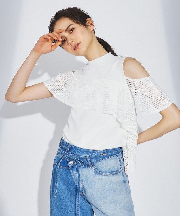 GRACE CONTINENTAL メッシュフリルニットトップ ホワイト