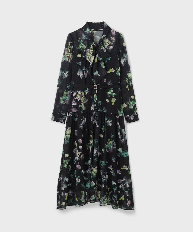 GRACE CONTINENTAL フラワープリントボウタイ付ワンピース ブラック