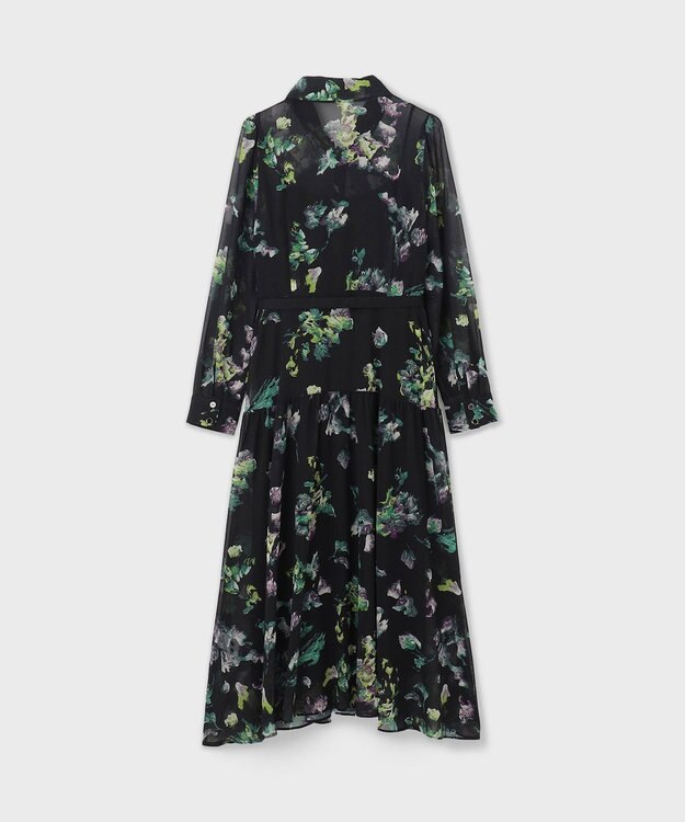 GRACE CONTINENTAL フラワープリントボウタイ付ワンピース ブラック