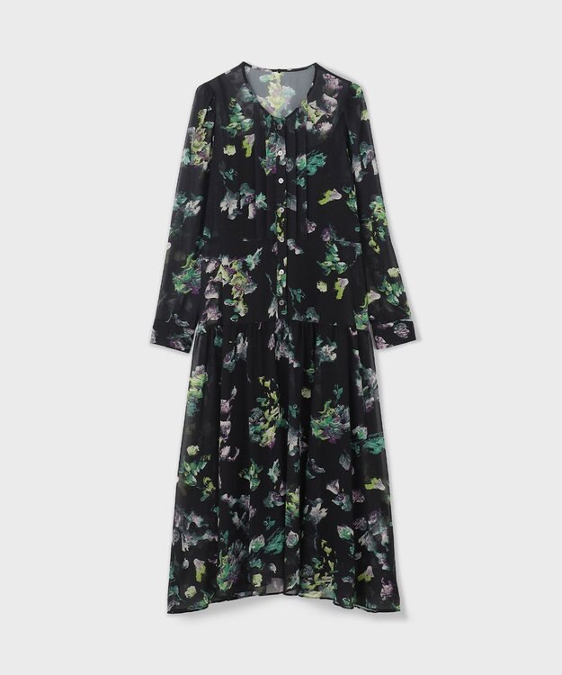 GRACE CONTINENTAL フラワープリントボウタイ付ワンピース ブラック