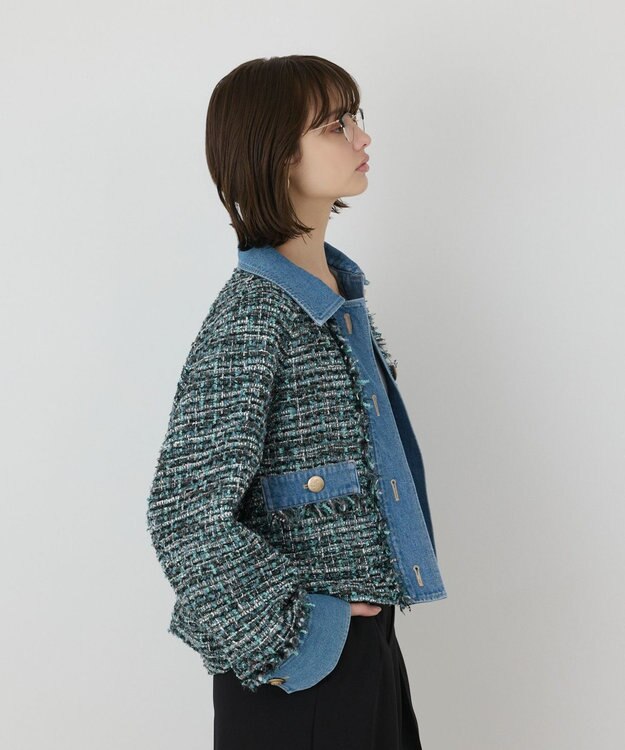 GRACE CONTINENTAL デニムコンビツイードジャケット グリーン