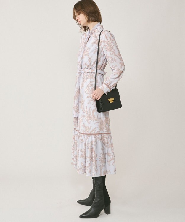 GRACE CONTINENTAL サラサプリントリボン付ワンピース ベージュ