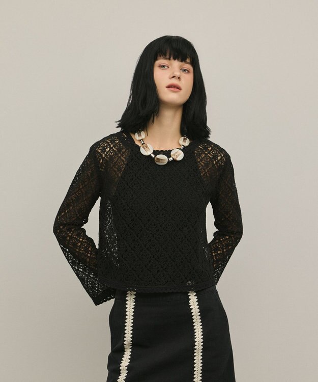 GRACE CONTINENTAL レースフレアスリーブトップ ブラック
