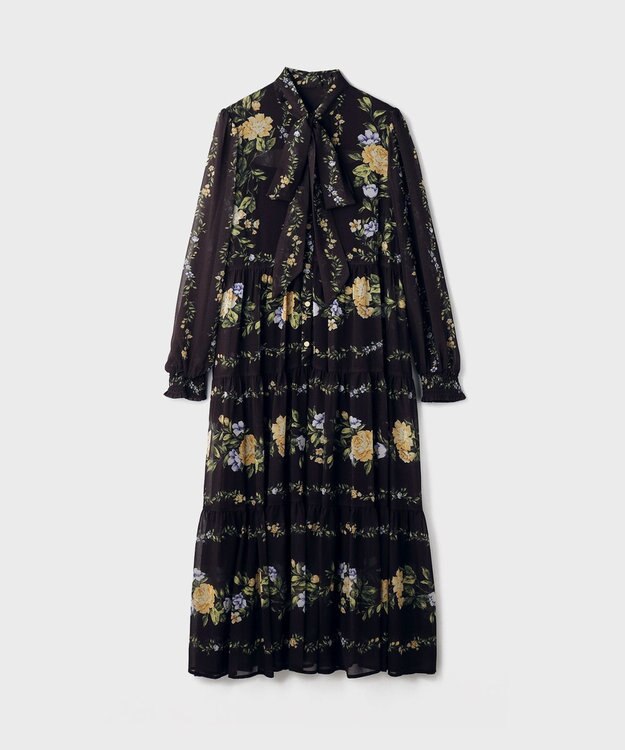 GRACE CONTINENTAL フラワープリントティアードワンピース ブラック