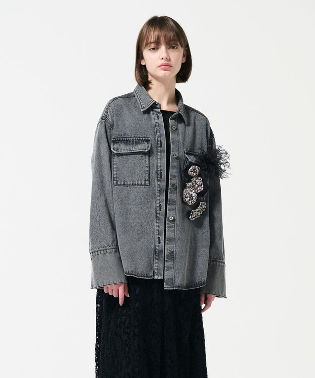 美品 グレースコンチネンタル フリルスタンド デニムジャケット 36 スタッズデニムシャツ / GRACE CONTINENTAL | GRACE CONTINENTAL