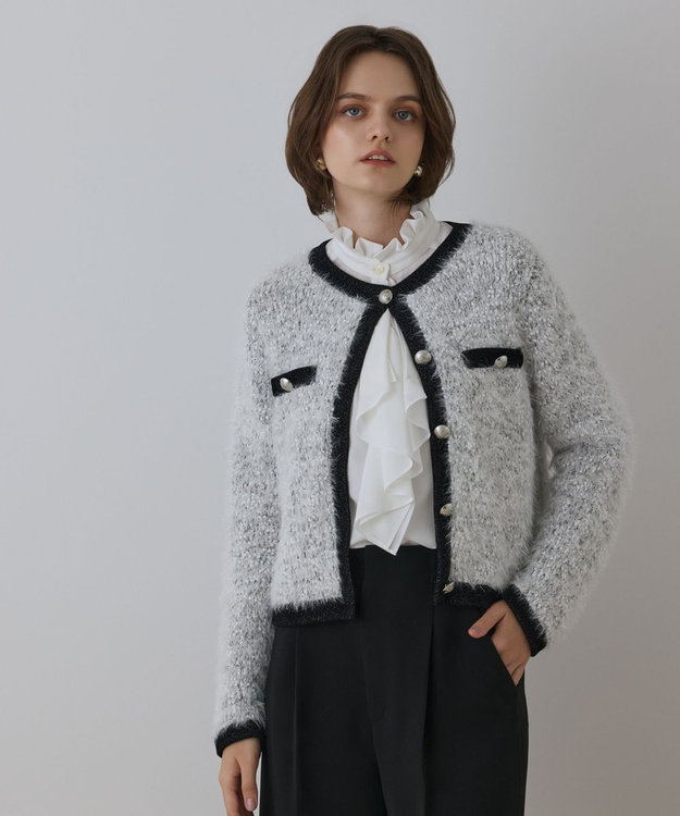 GRACE CONTINENTAL ノーカラーフェザーニットカーディガン バイカラー