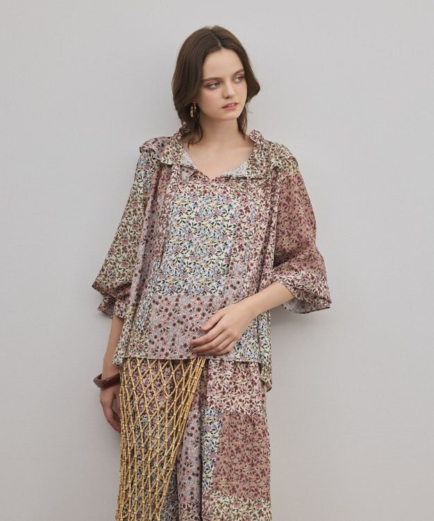 GRACE CONTINENTAL パッチワークプリントカフタンブラウス ベージュ