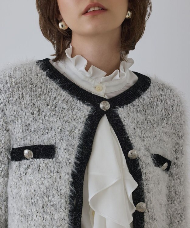 GRACE CONTINENTAL ノーカラーフェザーニットカーディガン バイカラー