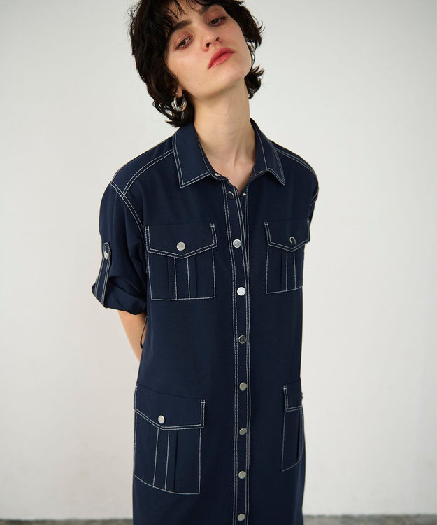 GRACE CONTINENTAL 配色ステッチワークシャツワンピース ネイビー