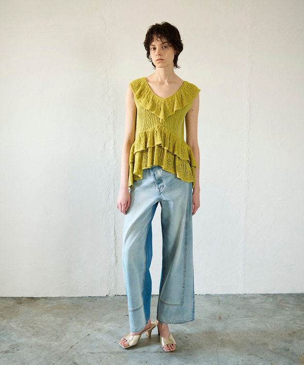 GRACE CONTINENTAL ミックスフリルニットトップ イエロー