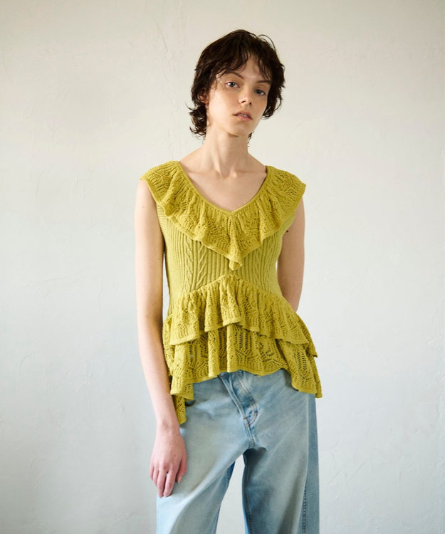 GRACE CONTINENTAL ミックスフリルニットトップ イエロー