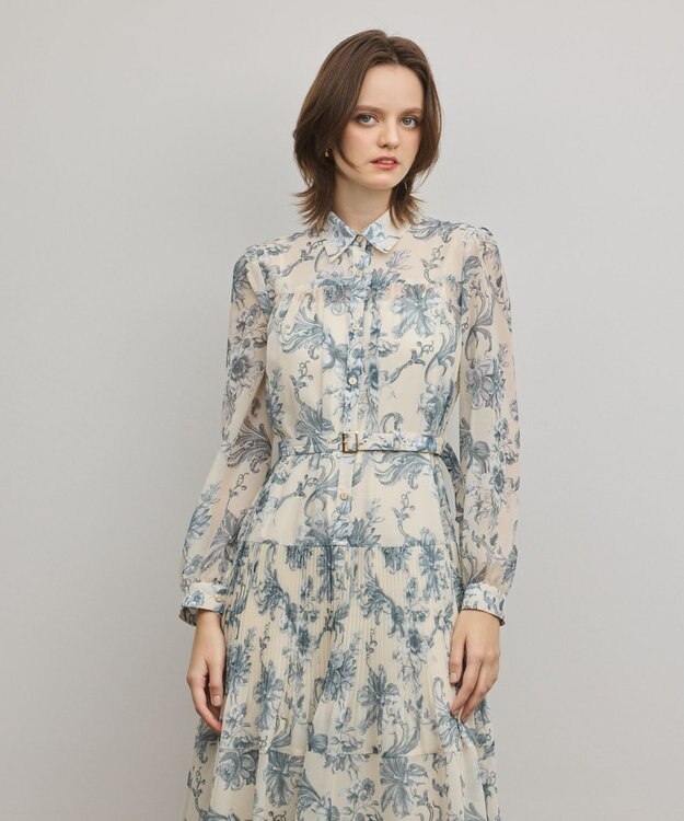 GRACE CONTINENTAL フラワープリントプリーツワンピース ベージュ