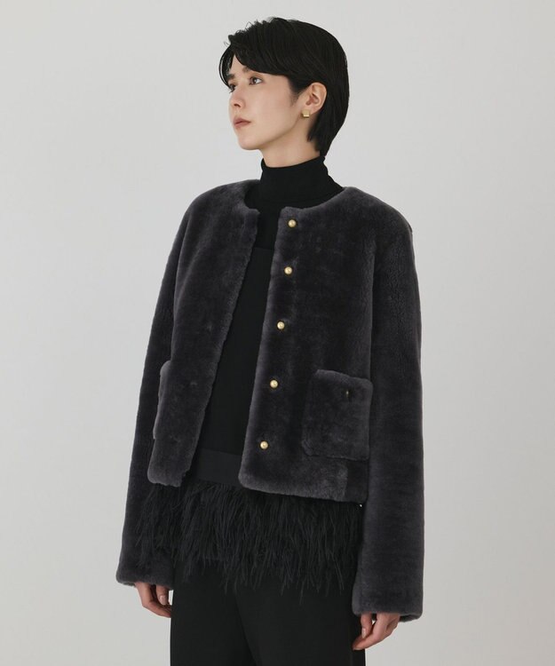 GRACE CONTINENTAL ムートンノーカラージャケット グレー