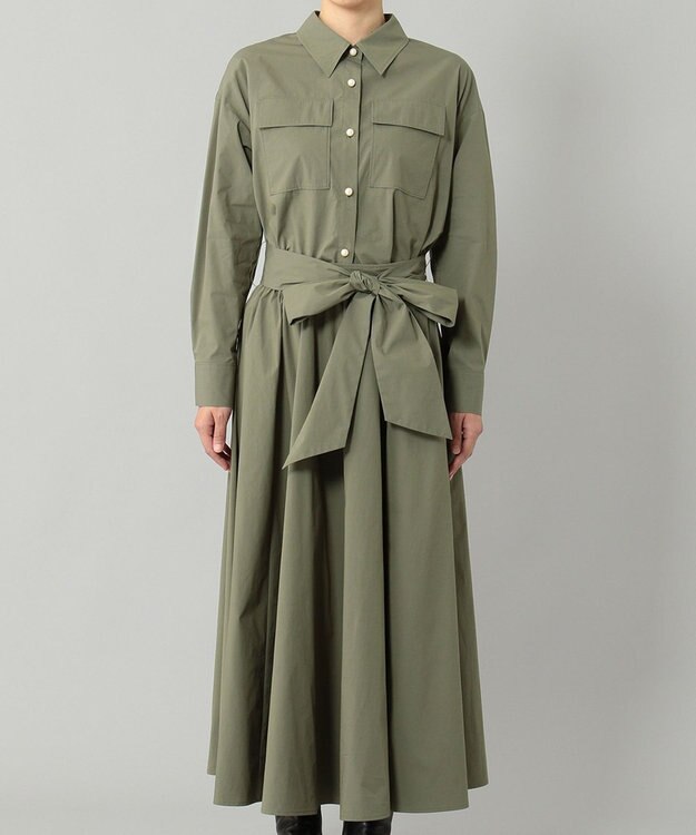 GRACE CONTINENTAL リボン付フレアシャツワンピース カーキ