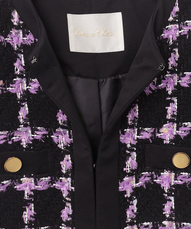 GRACE CONTINENTAL フェザーチェックツイードコート パープル